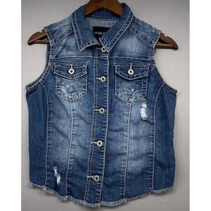 Maurices Denim Blue Jean Vest Shirt Women S (FIT XS) Sleeveless Distress Raw Hem